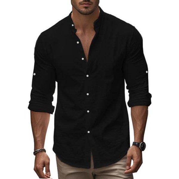 Camisa De AlgodóN Lino Para Hombre Manga Larga Botones Cuello Mao Casual Verano Para Vacaciones En La Playa Fiesta Viaje L Black-image