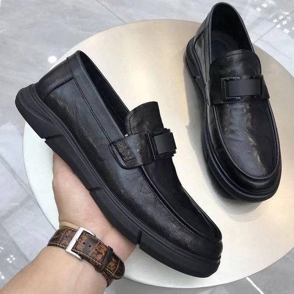 Zapatos De Cuero Para Hombre Nuevos Punta Redonda Corte Bajo Transpirables Slip-On Zapatos De Guisantes Casuales De Negocios Mocasines 44 Negro-image