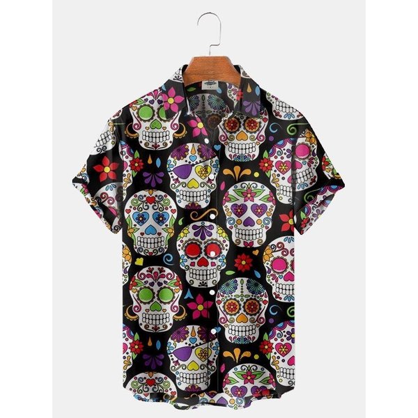 Camisa Hawaiana Para Hombre Calavera Rosa ImpresióN 3D Camisa De Playa Manga Corta Botones Casual Camisas De Calaveras Para Hombre Top L-image