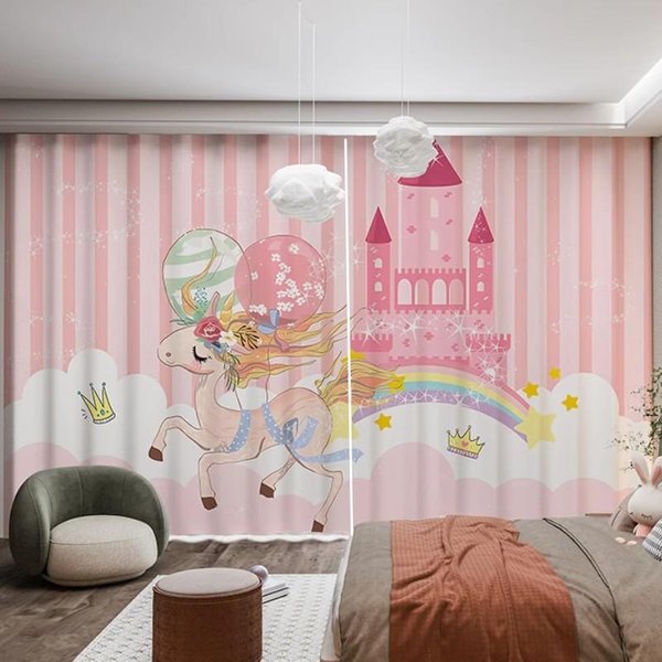 Cortina Unicornio Rosa De 2 Paneles Princesa ArcoíRis Ballena Dibujos Animados Animal Cortina Para NiñA Dormitorio Infantil Estores Cortinas Gancho 2X50W100H(Cm)&Hook-image
