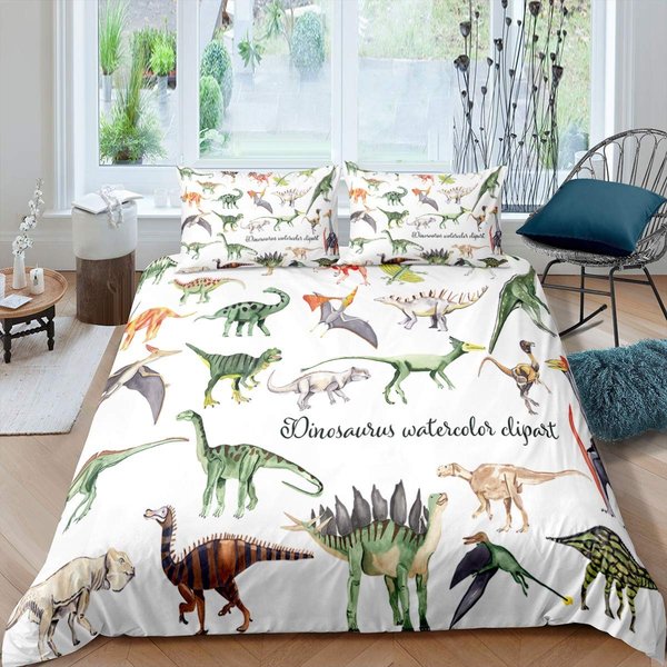 Funda NóRdica De Dinosaurio Lindos Dinosaurios Dibujos Animados Tema Animal Juego De Cama Para NiñOs Adolescentes TamañO Doble Queen King PoliéSter Funda De EdredóN AU Single(140X210Cm)-image
