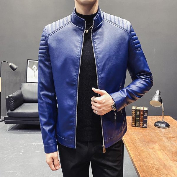 Chaqueta De Cuero Para Hombre OtoñO Nueva Chaqueta De Cuero Para Hombre Bolsillo Cremallera Chaqueta Superior VersióN Coreana Slim Casual Chaqueta De Cuero PU Xxxxl Blue-image