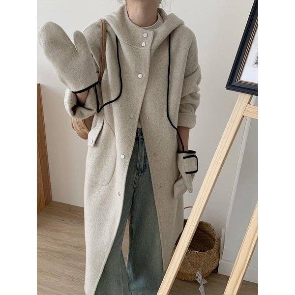 Abrigo De Lana De Doble Cara Con Capucha Nuevo Para Mujer, Estilo Largo Con Guantes, OtoñO E Invierno Holgado, Abrigo De Lana De Alta Gama M Gray-image