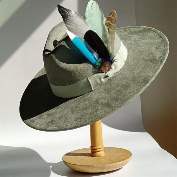 Sombrero De Copa Pluma Mocha Ante Sombrero Fedora Ala Ancha Hombres Mujeres OtoñO Sombrero Ante Invierno Fieltro Sombreros Jazz Fedoras Sombrero Mujer 55 -58Cm-image