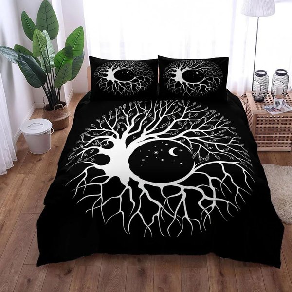 Yggdrasil Drzewo ŻYcia Poszewka Na KołDrę Zestaw King Queen PodwóJny Twin Pojedynczy ŁóżKo PośCiel Lniana Poszewka Na KołDrę Nordycki EU Single(135X200Cm)-image