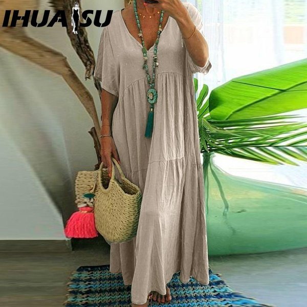 Ihuasu Vestido De Verano De Moda Para Mujer SóLido Cuello En V Talla Grande Suelto Largo Oversize Casual Manga Corta L Caqui-image