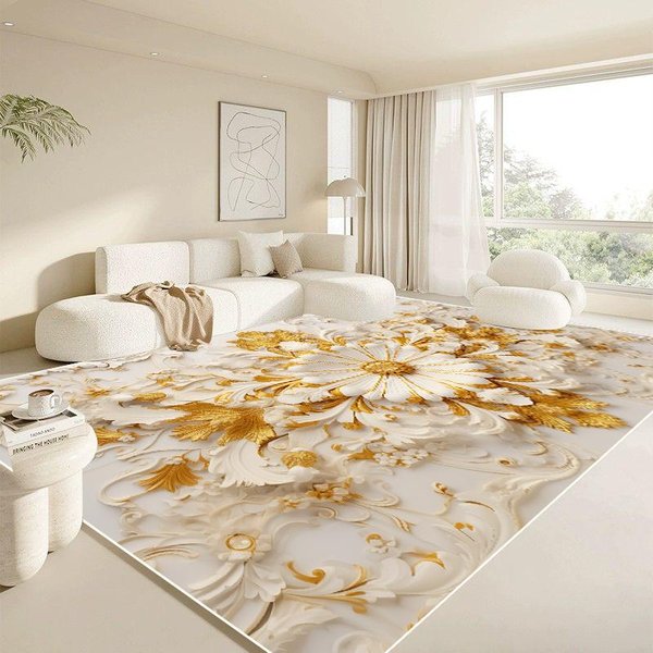 Alfombra Moderna Blanca Grande Para Sala De Estar Lujosa Dorada DecoracióN Del Hogar Alfombra Para Dormitorio Mesita De Noche Suave Antideslizante 200X300 Alfombras 80*120Cm-image