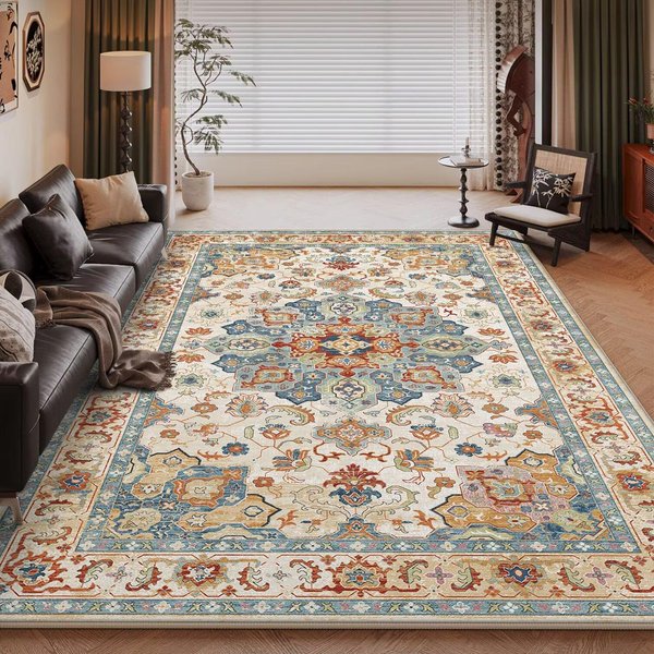 Alfombra Suave Retro Persa DecoracióN De Sala De Estar Hogar Sofá Alfombra FáCil De Limpiar ÁRea Grande Dormitorio Mesita De Noche Antideslizante Felpa Alfombrillas De Suelo 200*230Cm-image