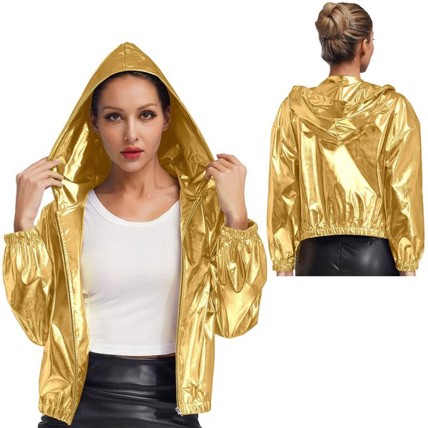 S-4XL Damska Holograficzna Kurtka BłYszcząCa Metaliczna Z DłUgim RęKawem, Z Kapturem Zapinana Na Zamek KróTki PłAszcz Moda Odzież Klubowa I Na Wieczorne WyjśCie M ZłOty-image