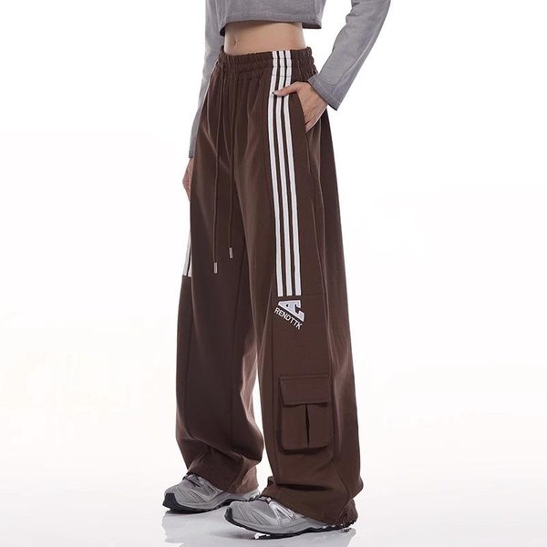 Pantalones Deportivos Casuales Retro De Tres Rayas De Cintura Alta Para Mujer En OtoñO E Invierno Sueltos De Pierna Ancha VersáTiles Rectos De Trabajo S Black-image
