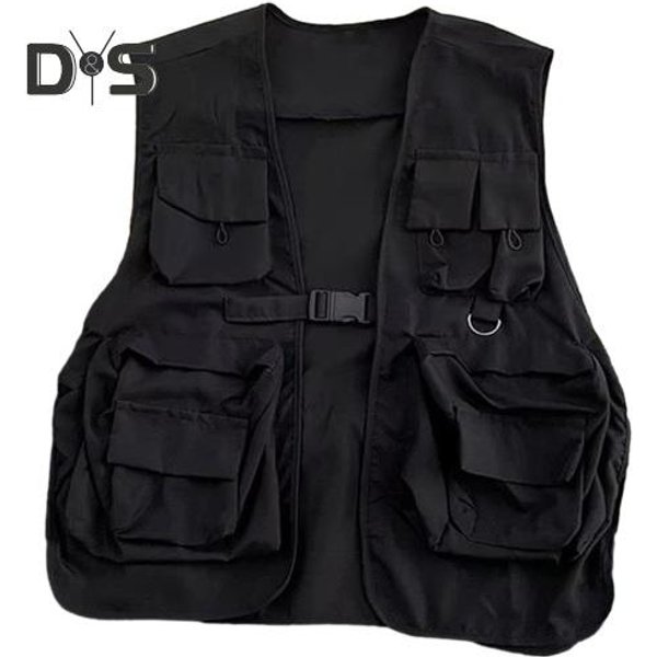 Chaleco Unisex Estilo Hip Hop Ropa De Calle Individual Color SóLido Sin Mangas Cierre De Hebilla Suelta MúLtiples Bolsillos Mujeres Hombres Chaleco Cargo XL Negro-image