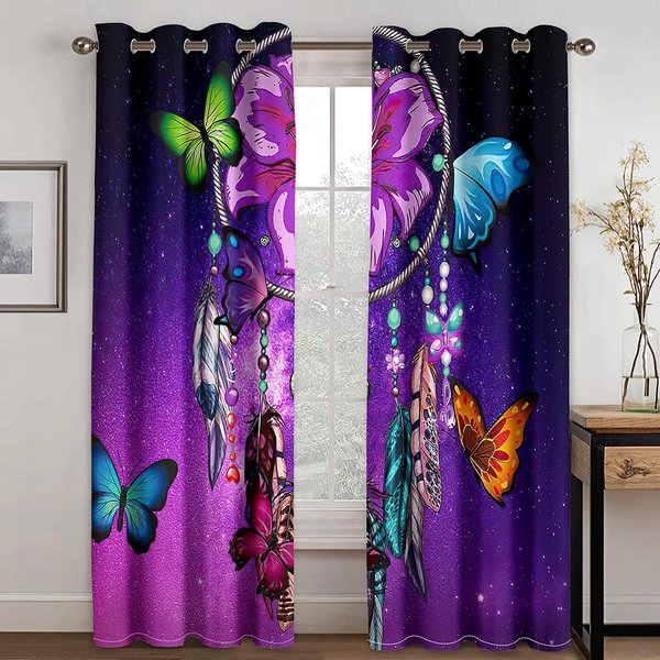 Cortinas De Ventana Moradas Con Mariposas Coloridas De EnsueñO Para HabitacióN Infantil Sala De Estar Pasillo Tratamientos DecoracióN De Cocina Cortinas Persianas W50 X H130(Cm)X2&Grommet Top-image