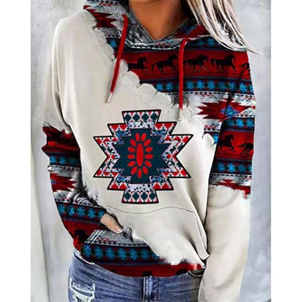 Bluza Damska Z Kapturem, Modna Bluza Z DłUgim RęKawem Z Etnicznym Nadrukiem, Casualowa Top Uliczny, Bluzy Dla Kobiet 4XL Black-image