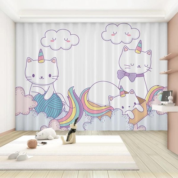 Nueva Cortina Blackout Alta Cortina De Sombreado Para HabitacióN Infantil Dibujos Animados Lindo Gato HabitacióN De NiñA Dormitorio Estudio DecoracióN Blackout 2 Piezas W55 X H120Cm X 2&Grommet Top-image