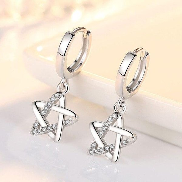 Nuevos Pendientes Colgantes De Plata De Ley 925 Para Mujer Moda Estrella De Cinco Puntas Micro-Incrustados ZircóN Par Pendientes De Tuerca Pendiente JoyeríA Regalo Gray-image