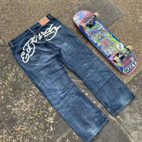 Zyllo Drukowane Jeansy Streetowe MęSkie Y2K Hip-Hop Wysoki Stan Proste Retro LuźNe Spodnie Z Szerokimi Nogawkami Spodnie Jeansowe Europejskie I AmerykańSkie L Gray-image