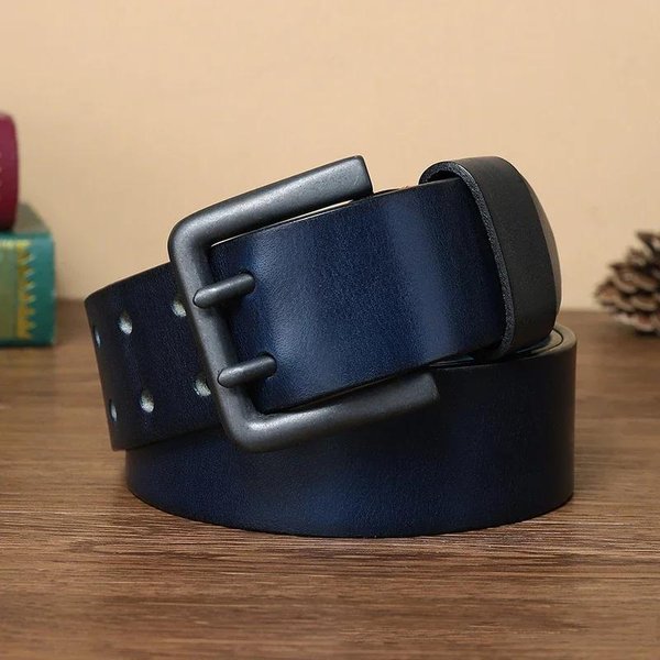 100% Prawdziwa SkóRa 4,3 Cm GrubośCi Wysokiej JakośCi SkóRa BydlęCa Pasek Dla MężCzyzn Luksusowy Designerski MęSki Pasek PodwóJna Klamra Z Dwoma Bolcami Pasek Do DżInsóW 105CM-image