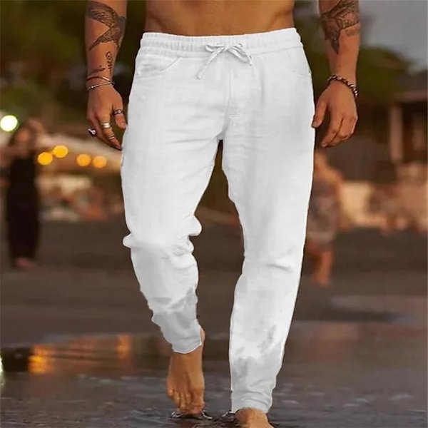 Pantalones Largos De Lino Y AlgodóN Con Cintura EláStica Para Hombre, Pantalones Casuales Holgados S Blanco-image