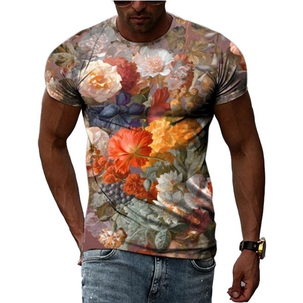 Moda De Verano Personalidad Flores Camisetas GráFicas Hombres Casual 3D Impresas Camisetas De Manga Corta Tendencia Hip Hop Harajuku Cuello Redondo Tops 6XL Gray-image