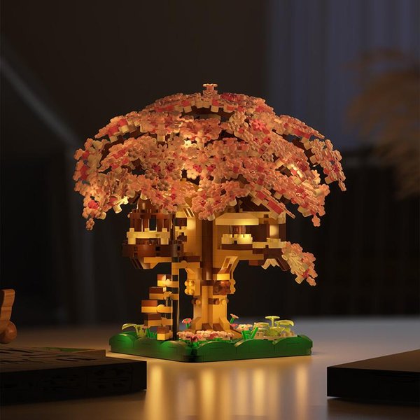 Klocki Budowlane Mikro Drzewko Sakura Klocki WiśNiowe DIY Z OśWietleniem Model Domku Na Drzewie Romantyczny Prezent Dla Dziewczyny-image