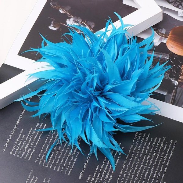 Kwiat Z PióR Diy 18-20Cm DużE Broszki Z PióR KorsażOwe Vintage Kwiatowe Przypinki Do Klapy ŚLub Jasny Kolor Niebieski-image