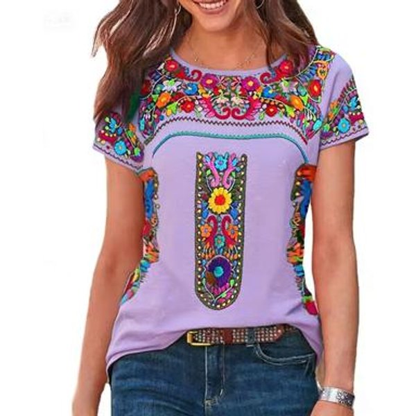Camiseta Bordada Mexicana Para Mujer, Blusa De Manga Corta Con Bordado Floral Tradicional, Tops Casuales De Verano Boho ÉTnico L Black-image