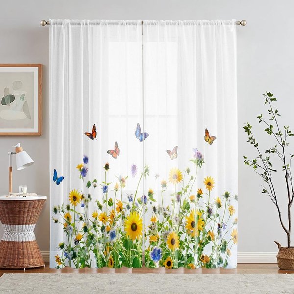 Paquete De 2 Piezas Cenefa De Ventana Digital HD Con Estampado De Flores Y Mariposas DecoracióN De Estilo Para El Hogar Sala De Estar Dormitorio Cortina Para Barra W52H63Inchw132H160Cm-image