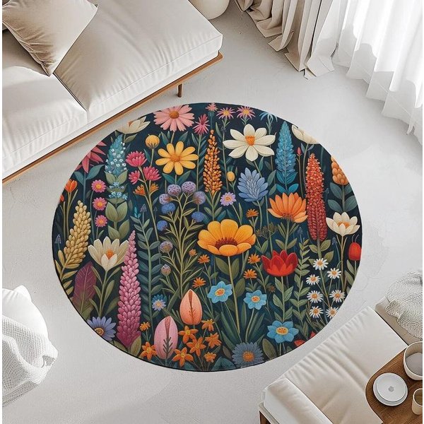 OkrąGłY Dywan Boho Z Kwiatowym Wzorem – Nowoczesny WzóR Ogrodowy Mata AntypośLizgowa Do Salonu, Przy ŁóżKu Lub Przedpokoju Diameter 150Cm(59In)-image