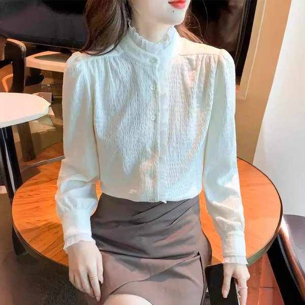 Camisa De Manga Larga Con Cuello Alto Para Mujer, De OtoñO E Invierno, De Terciopelo Y Top De Gasa Estilo Palacio. 2XL White-image