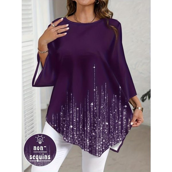 DużE Rozmiary - Damska Elegancka Bluzka Plus Size Z Nadrukiem, OkrąGłYm Dekoltem I Asymetrycznym DołEm 3XL Blue-image