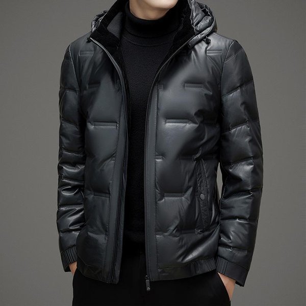 Chaqueta De PlumóN Con Capucha Para Hombre, Nueva Chaqueta De PlumóN De Cuero PU Para Hombre, Chaqueta De Cuero Gruesa Y CáLida, Abrigo De Cuero 6XL-image
