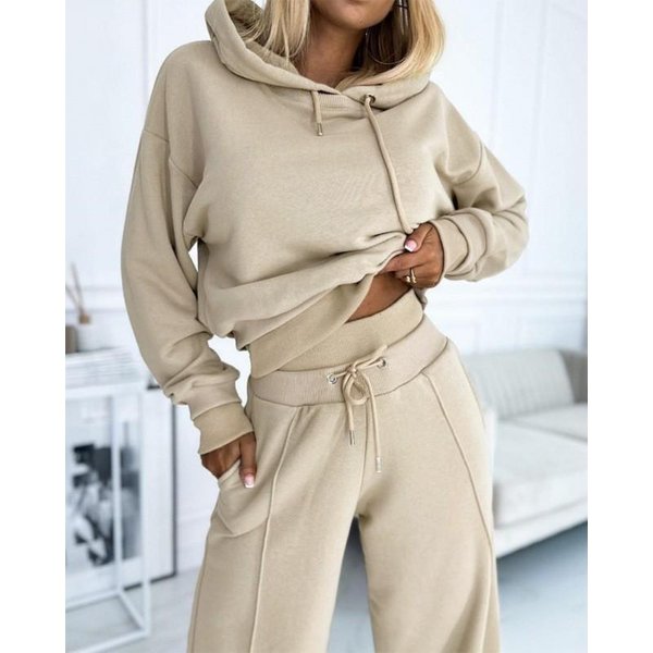 Elegancki Damski Zestaw Jesień Zima Swobodny Y2K Bluza Z Kapturem Sportowe Szerokie Spodnie DwuczęśCiowy Garnitur Dla Kobiet Streetwear S BeżOwy-image