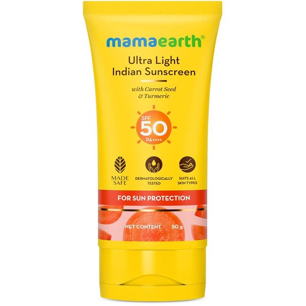 Mamaearth Ultra Lekki Krem Z Filtrem SPF 50 Pa++++ | Ochrona Przed Opalenizną, Bez BiałEgo ŚLadu, NietłUsty, Szybko Się WchłAniająCy, 50G Do Wszystkich RodzajóW SkóRy Yellow-image