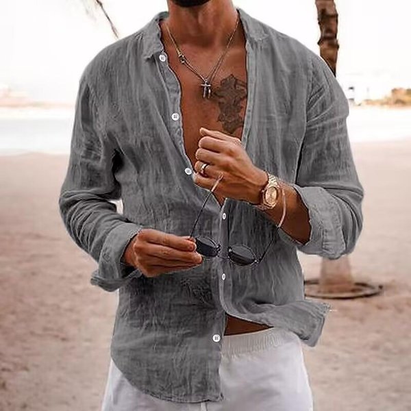 Nowa BawełNa Nowa MęSka Koszula Z DłUgim RęKawem Jednolity Kolor Klapa Styl Casual Koszula L-image