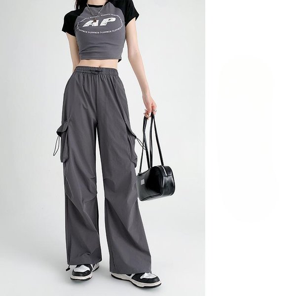 Pantalones De Trabajo De Pierna Ancha De Paracaidista Para Mujer En Verano Cintura Alta Pantalones Deportivos De MontañIsmo Sueltos Retro Casual Pantalones De Papel Arrugado Para Sprint L-image