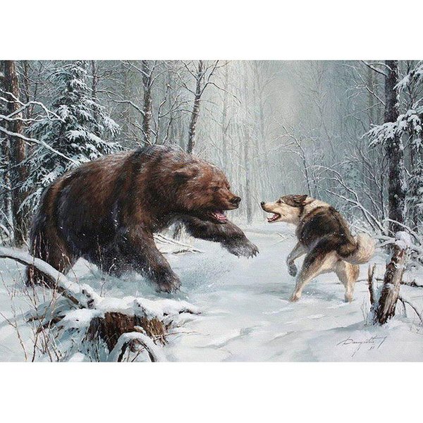 5D DIY Diament Malarstwo Mozaika „NiedźWiedź I Wilk” Diamentowy Haft Ze Strasem śCiegiem KrzyżYkowym 20X30CM Gray-image