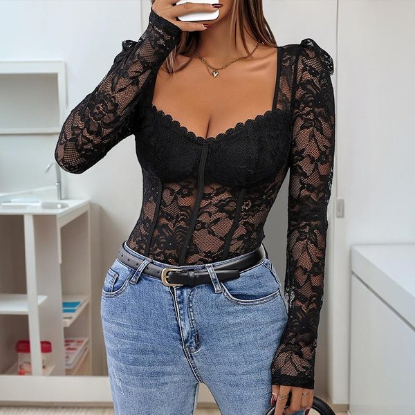 Gorset Damski Seksowny Kwiatowy Koronkowy Przezroczysty Siateczkowy Body Spaghetti Strap Topy Na RamiąCzkach WyjśCie XL Czarny-image