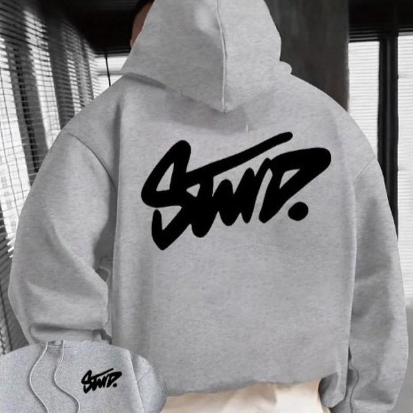 MęSka Oversize Bluza Z Kapturem Z Nadrukiem Litery Jesienna Codzienna Bluza LuźNy KróJ DłUgi RęKaw Pulower W 6 Kolorach Large Szary-image