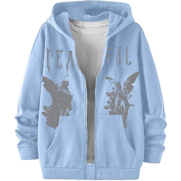 MęSka Zimowa Bluza Z Kapturem Na Zamek Z Nadrukiem AniołA W Stylu Y2K, Kieszeń Z Przodu, DłUgi RęKaw, Casualowy Streetwear, Bluza Z Kapturem M Gray-image