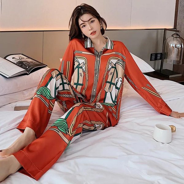 Pijama De Estilo Para Mujer Con Mangas Largas Estampado De Seda Helada Conjunto De Pijama Estilo Coreano Ropa Para El Hogar M Naranja-image