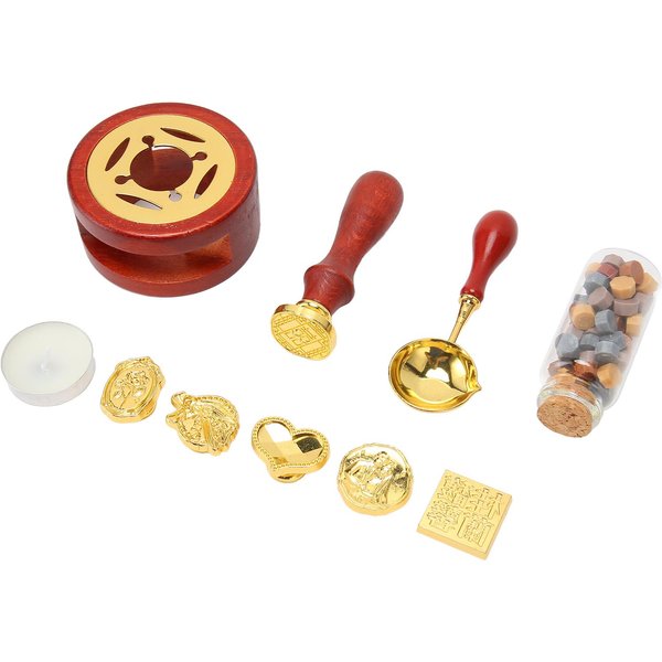 Kit De Sellos De Cera Con 5 Cabezales De Sello Intercambiables Cuchara Calentadora De Cera Para Sellar Kit De Sellos De Cera Para Brown-image