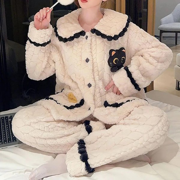 Conjunto De Pijama CáLido De Invierno Para Mujer, Pijama De VellóN Coral, Pijama Grueso De Franela Con Dibujos Animados, Ropa De Casa Oversize, Pijama Oversize 6XL Beige-image