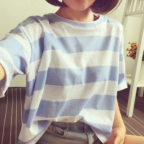 Nueva Camiseta De Verano De Estilo Coreano Para Mujer Con Rayas De Manga Corta Ropa Holgada Para Mujer Top De Estudiante XL Gray-image