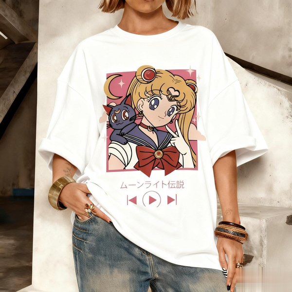 Camiseta Oversize Streetwear Kawaii Sailor Moon Con GráFico Para Hombre Mujer Estampado Anime Manga Corta Camiseta Casual Moda Verano Ropa Y2K XS Blanco-image