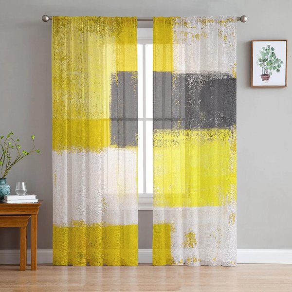Cortinas Transparentes Con DiseñO GeoméTrico Abstracto, Con Pintura Al óLeo En Rojo, Gris Y Blanco, Para DecoracióN De Sala De Estar, Ventana, Cocina, Cortinas De Gasa De Tul W135 X H115Cm X1&Grommet Top-image