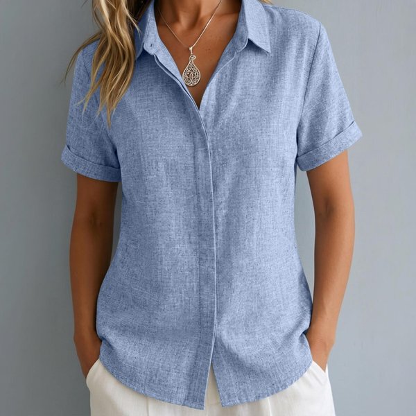 Camisa De Mujer De Aspecto Lino Manga Corta Casual Corte Holgado Botones Delanteros Cuello Abierto Blusa Ligera Top De Verano M Azul Claro-image