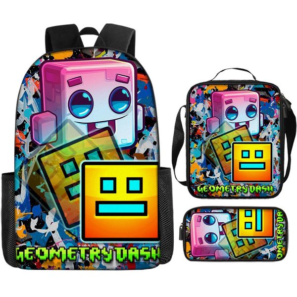 Geometry Dash Anime 3 Piezas/Set Mochila Estudiante Escolar Bolso De Hombro NiñOs Linda Mochila De Viaje Regalo De CumpleañOs Para NiñOs Black-image