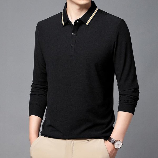Camisa Polo Para Hombre De Manga Larga Casual Nueva De OtoñO Holgada Rayada Con Cuello Camisero Tops Para JóVenes Y Personas De Mediana Edad Xxxxl Black-image
