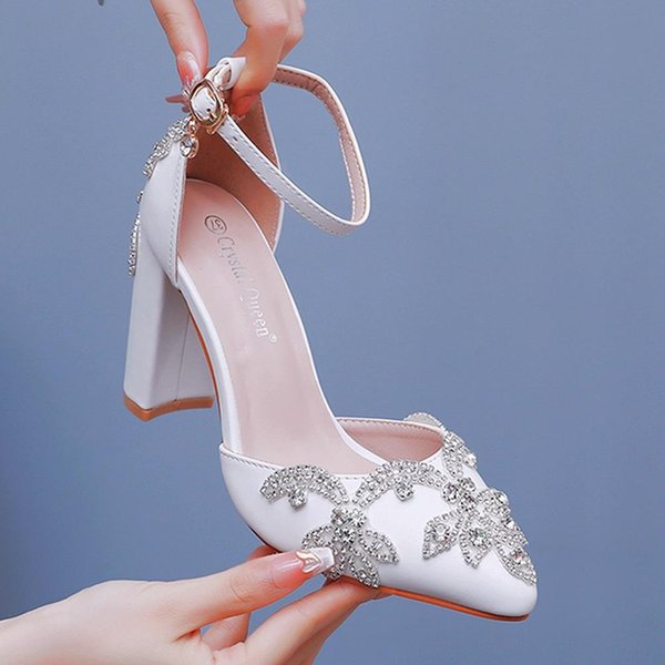 Zapatos De TacóN Alto De 10 Cm Con Punta Fina, Sandalias De TacóN Grueso De Talla Grande, Zapatos De Boda Con PedreríA, Zapatos De Boda Blancos Para Mujer, Diamante 38 Gray-image