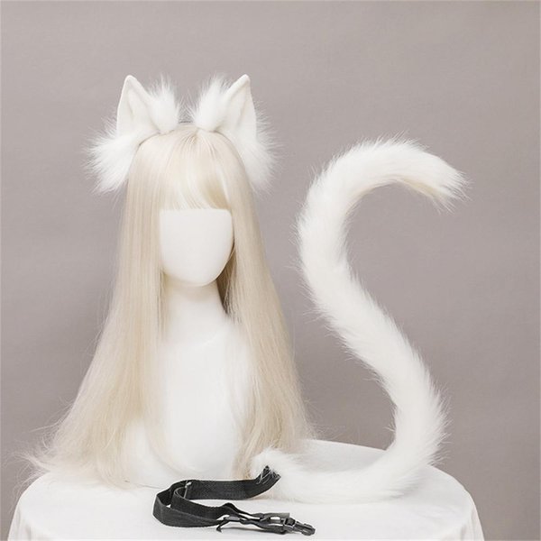 2 Szt./Zestaw Pluszowe Uszy Kota I Ogon Zestaw Realistyczna Opaska Lolita Ogon Kota Rekwizyty Cosplay RęCznie Robione Symulacja Uszu ZwierząT Ear And Tail Beige-image